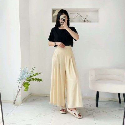 High-waisted cotton silk wide-leg trousers
